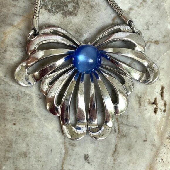 VTG Sterling Silver 925 Forstner Blue Cats Eye Glass Floral Pendant Necklace 16" - Picture 13 of 16